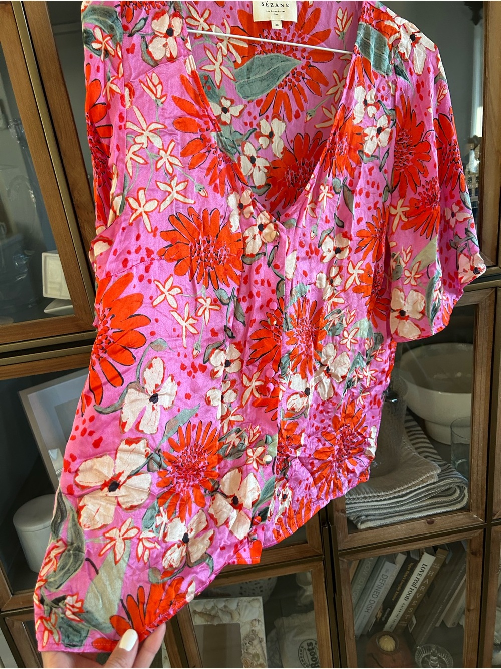 Sézane 100% Silk Pink Floral V-Neck Women's Blouse - Picture 8 of 14